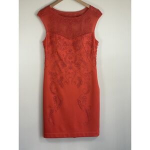 Sue Wong Soutache Mesh Sheath Dress Orange Illusion Neckline Size 8 READ